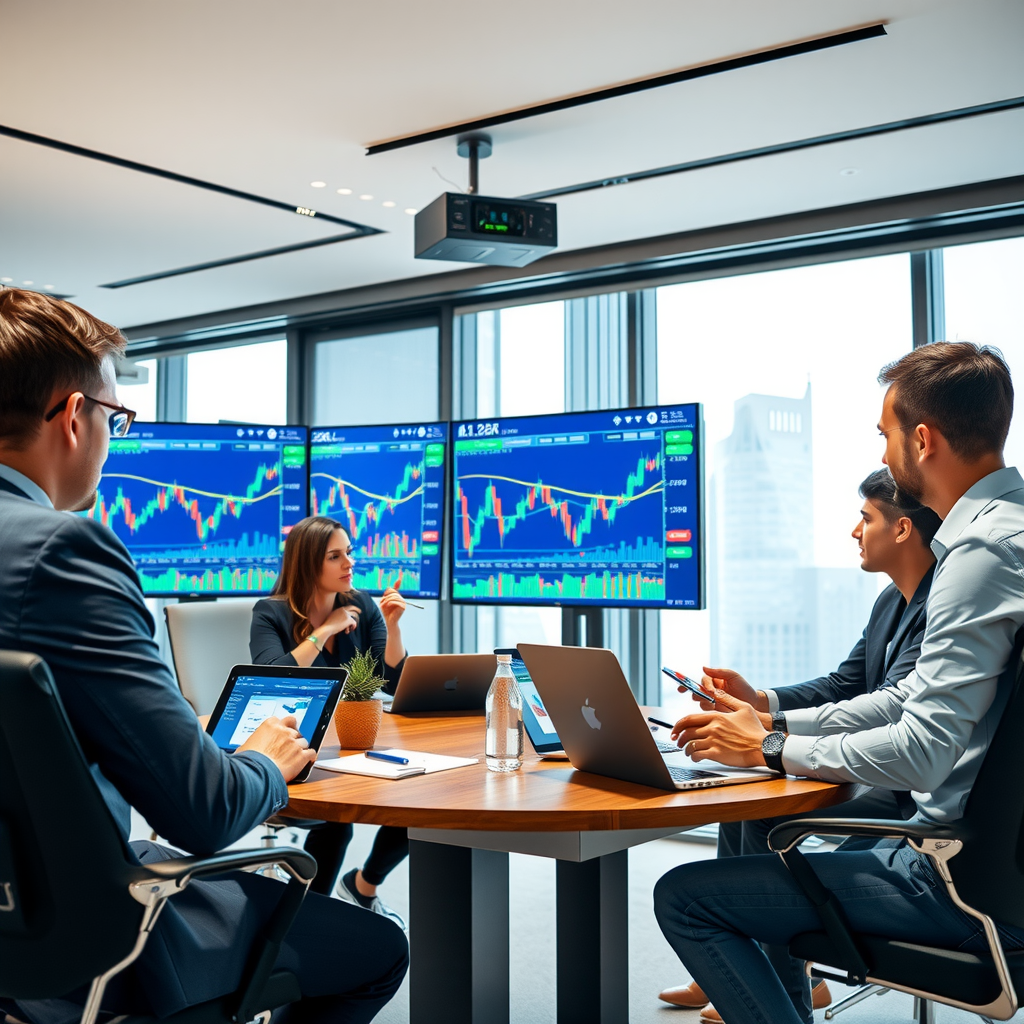 Professional team meeting in modern office discussing cryptocurrency trading strategies with digital displays showing market data and blockchain technology