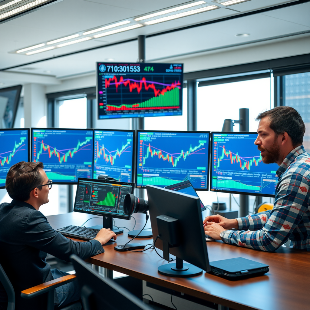 Professional cryptocurrency trading team in modern office environment with multiple monitors displaying real-time market data and blockchain analytics