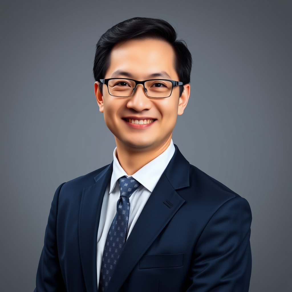 Professional headshot of James Park, Chief Compliance Officer, wearing a navy business suit with a confident and approachable expression, against a neutral grey background with soft lighting