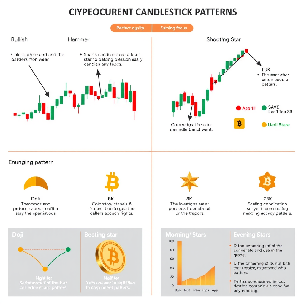 Educational diagram illustrating common cryptocurrency candlestick patterns including bullish and bearish formations such as doji, hammer, shooting star, engulfing patterns, and morning/evening stars with detailed annotations and color-coded examples for technical analysis