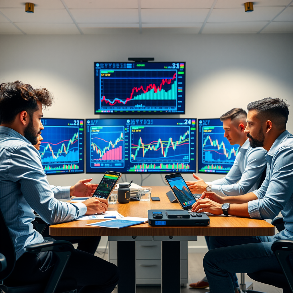 Diverse team of cryptocurrency experts collaborating around conference table with digital displays showing blockchain networks and market charts