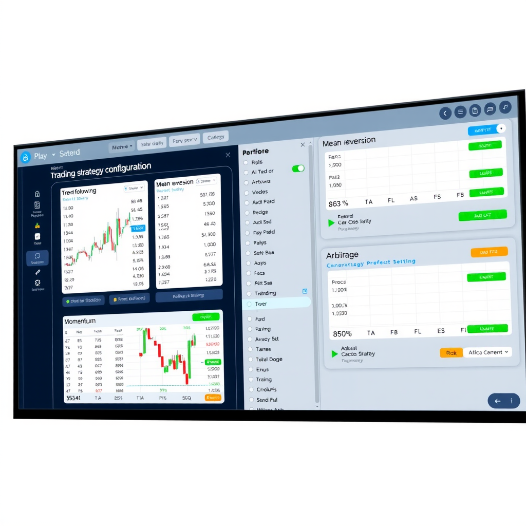 Trading strategy configuration dashboard showing multiple strategy templates including trend following, mean reversion, arbitrage, and momentum trading with customizable parameters, risk settings, and performance projections