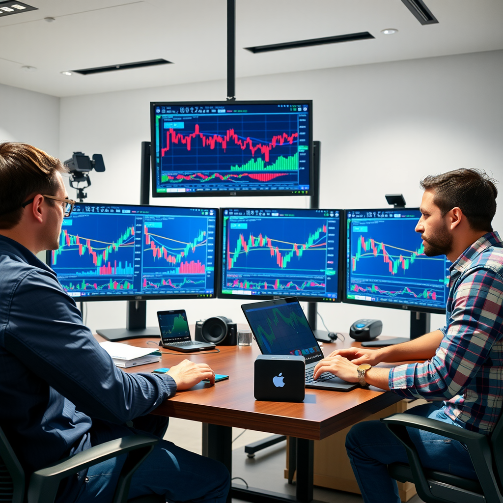 Professional team meeting with cryptocurrency traders analyzing market data on multiple screens, collaborative workspace environment
