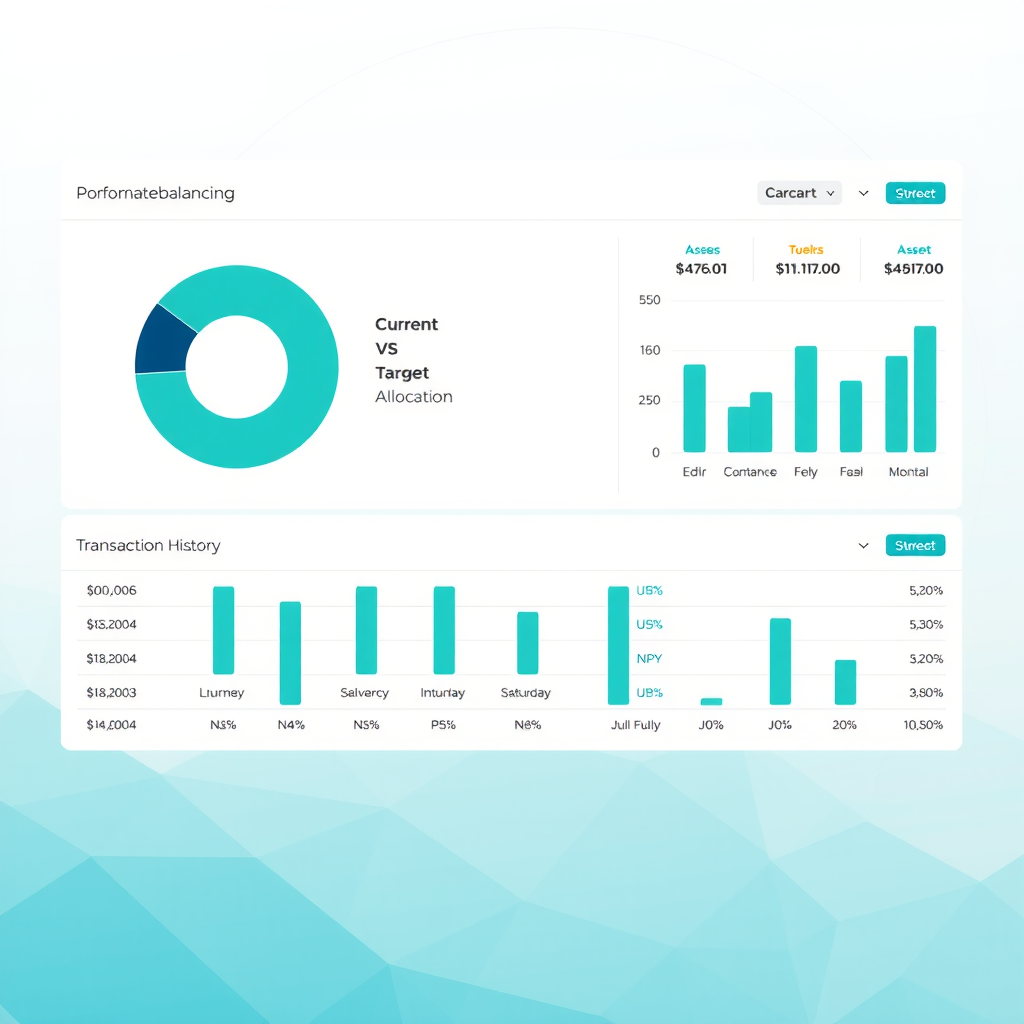 Portfolio rebalancing visualization showing pie charts of current vs target allocation, automated rebalancing triggers, transaction history, and asset distribution across multiple cryptocurrencies with teal gradient visual elements