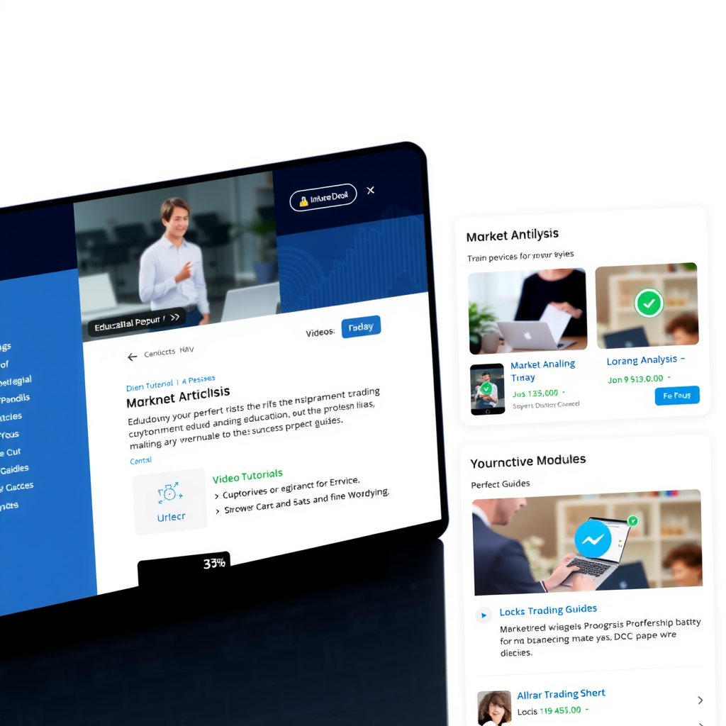 Educational platform interface showing video tutorials, market analysis articles, trading guides, and interactive learning modules for cryptocurrency trading education